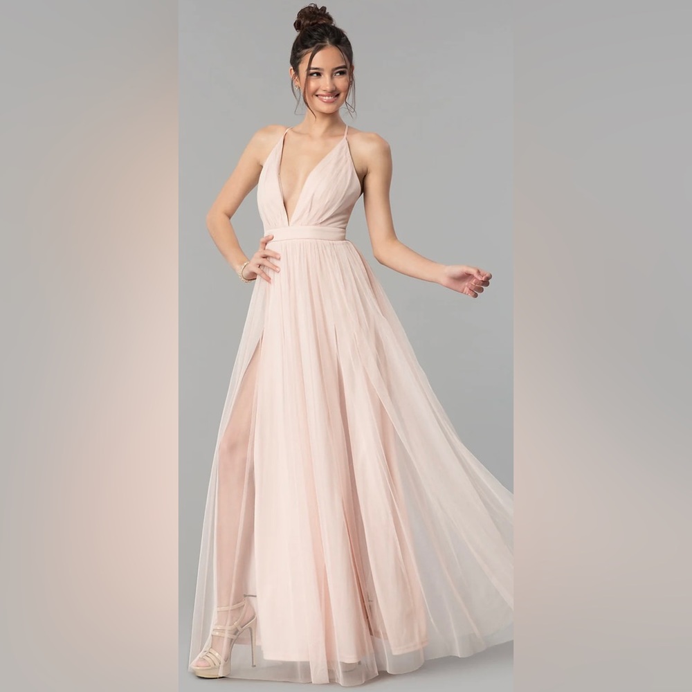 Blush Tulle Slit V Neck Gown